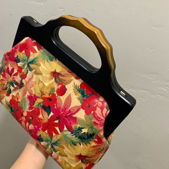 Handmade Genuine Leather Floral Print Large wooden Frame Bag & 2 Strap Styles - Picture 11 of 15